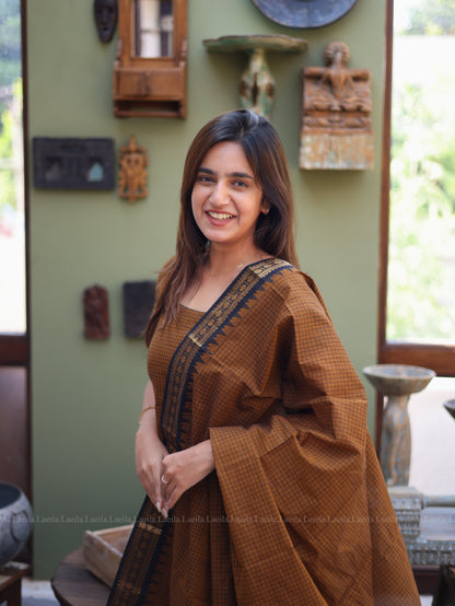 Studio Brown Checked & Black Border Kanchi Cotton Top & Dupatta