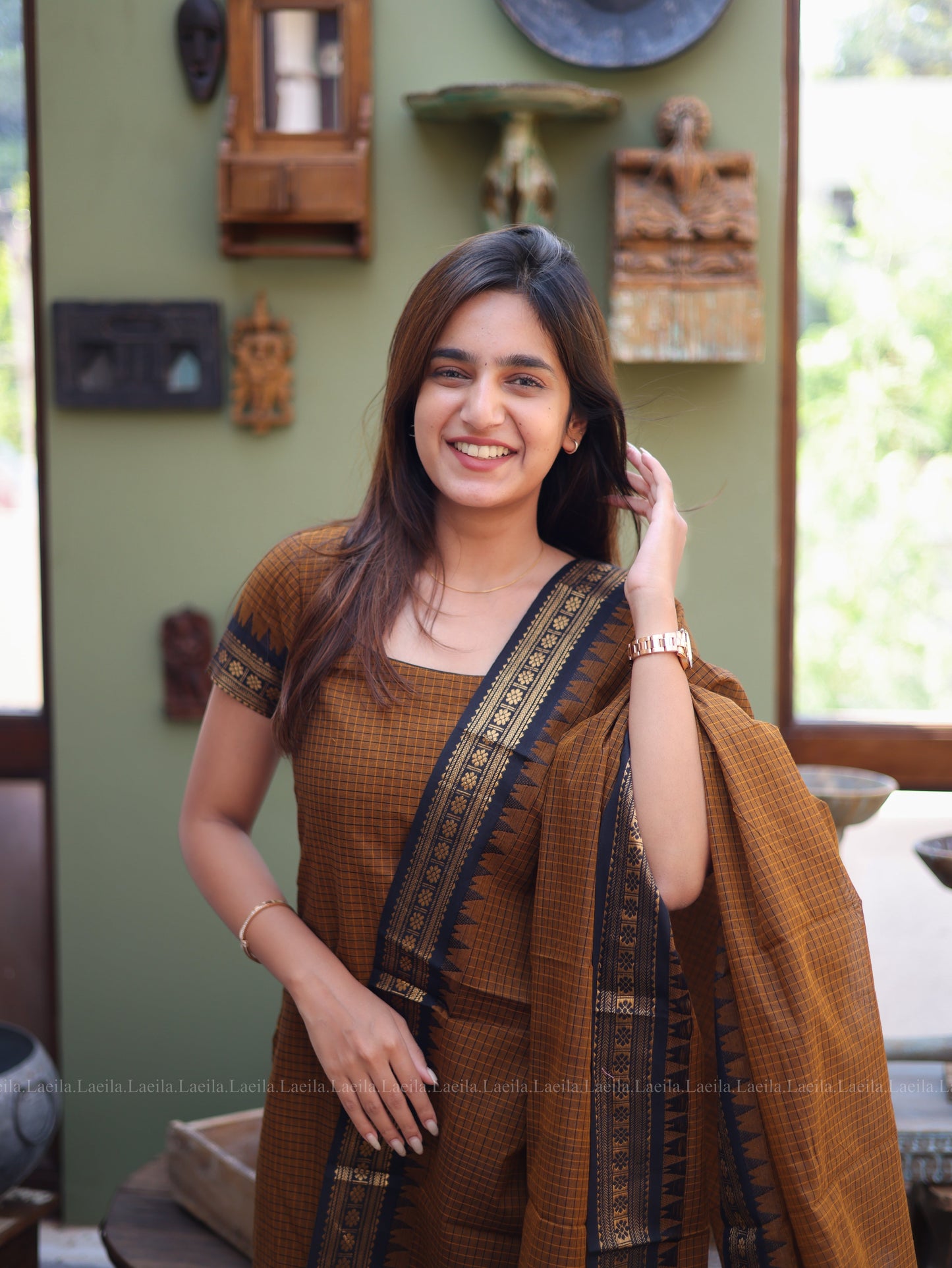 Studio Brown Checked & Black Border Kanchi Cotton Top & Dupatta