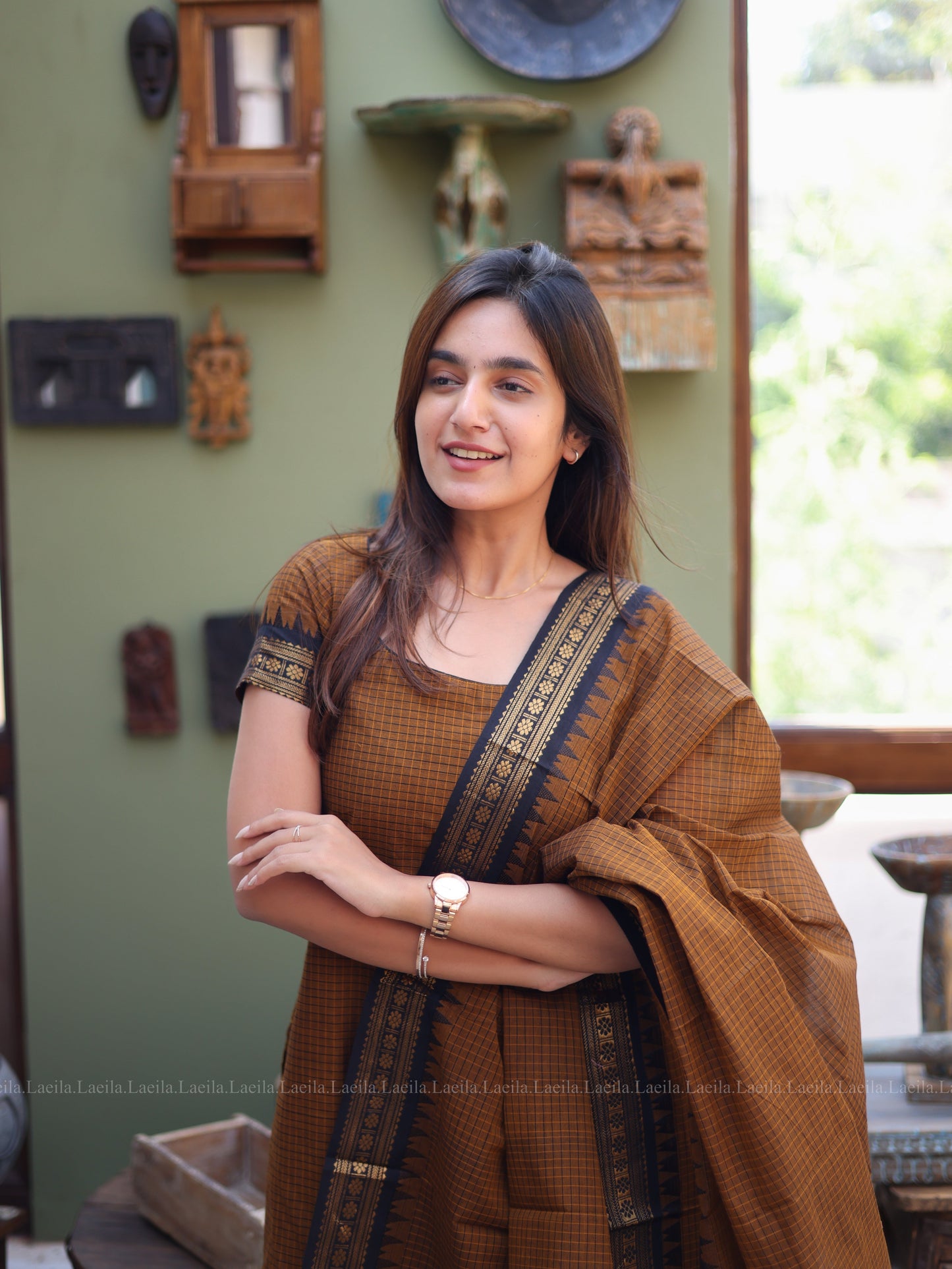 Studio Brown Checked & Black Border Kanchi Cotton Top & Dupatta