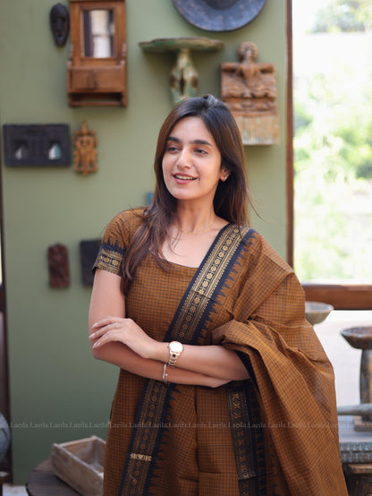 Studio Brown Checked & Black Border Kanchi Cotton Top & Dupatta