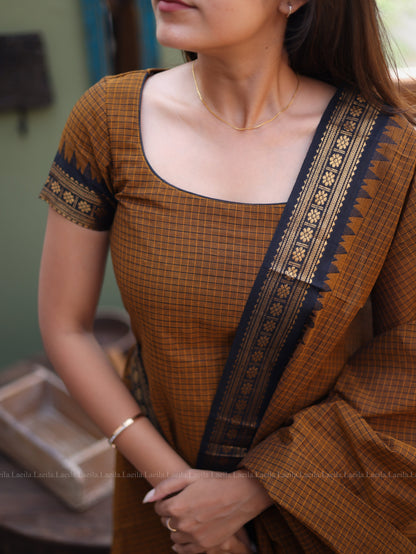 Studio Brown Checked & Black Border Kanchi Cotton Top & Dupatta