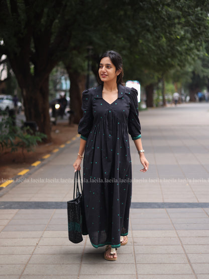 Studio Black with green dots Alia cut Dress