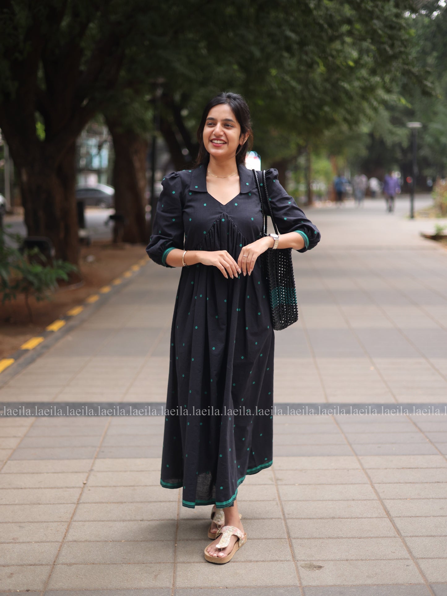 Studio Black with green dots Alia cut Dress
