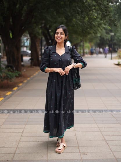 Studio Black with green dots Alia cut Dress