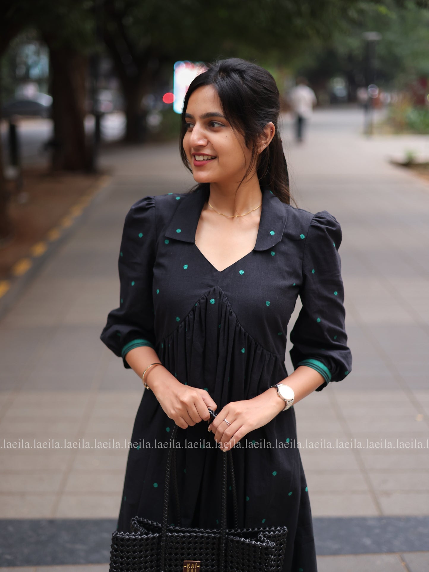 Studio Black with green dots Alia cut Dress