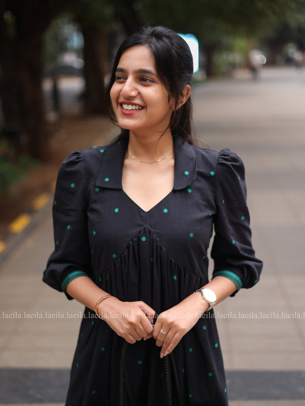 Studio Black with green dots Alia cut Dress