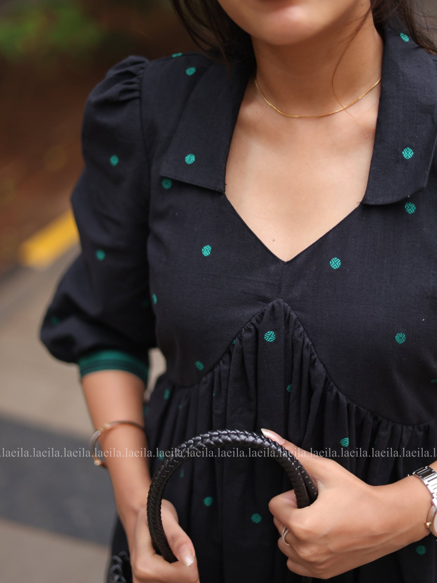 Studio Black with green dots Alia cut Dress
