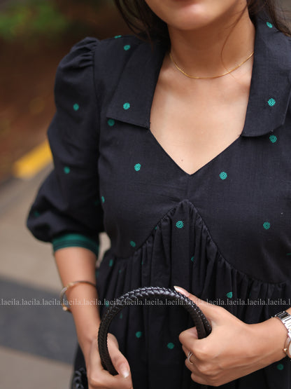 Studio Black with green dots Alia cut Dress