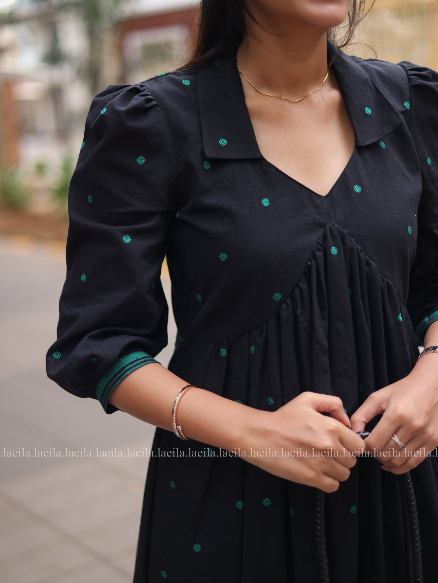 Studio Black with green dots Alia cut Dress