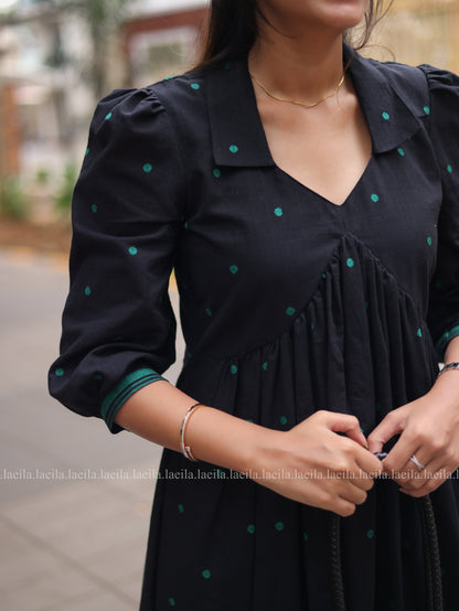 Studio Black with green dots Alia cut Dress