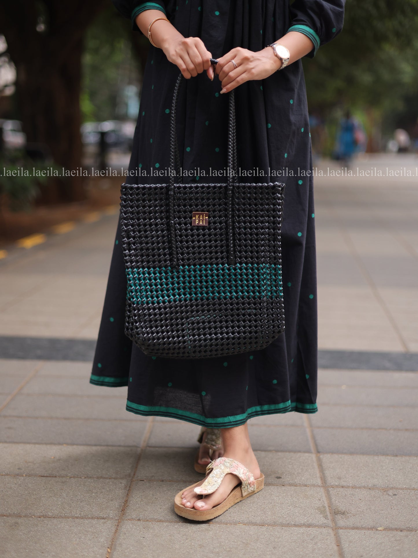 Studio Black with green dots Alia cut Dress