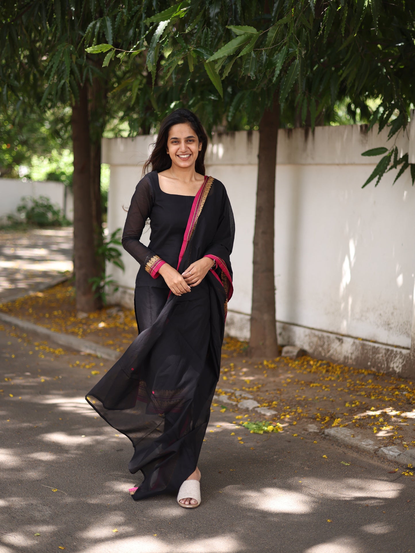 Studio Black with pink border kanchi cotton top and duppata