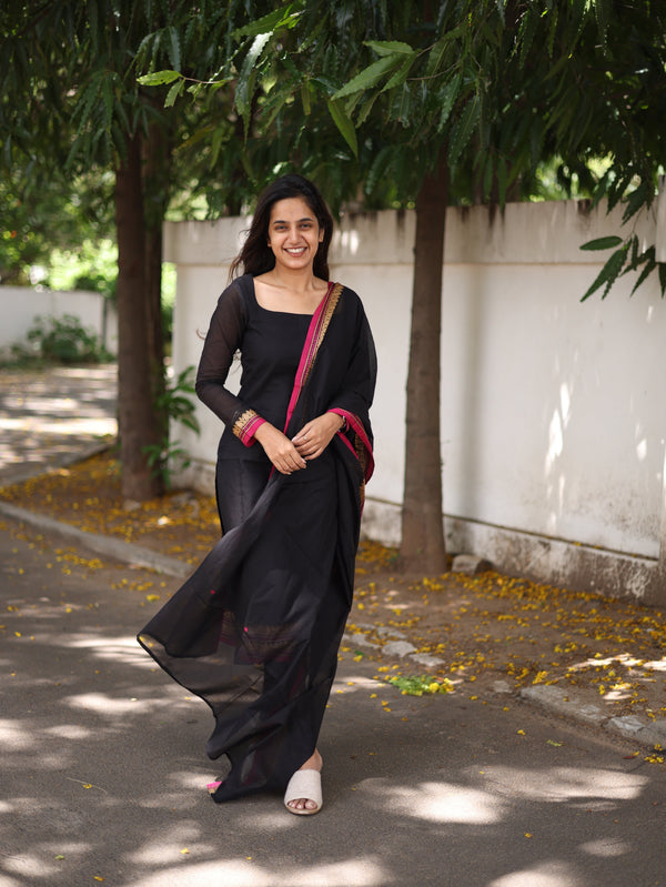 Studio Black with pink border kanchi cotton top and duppata