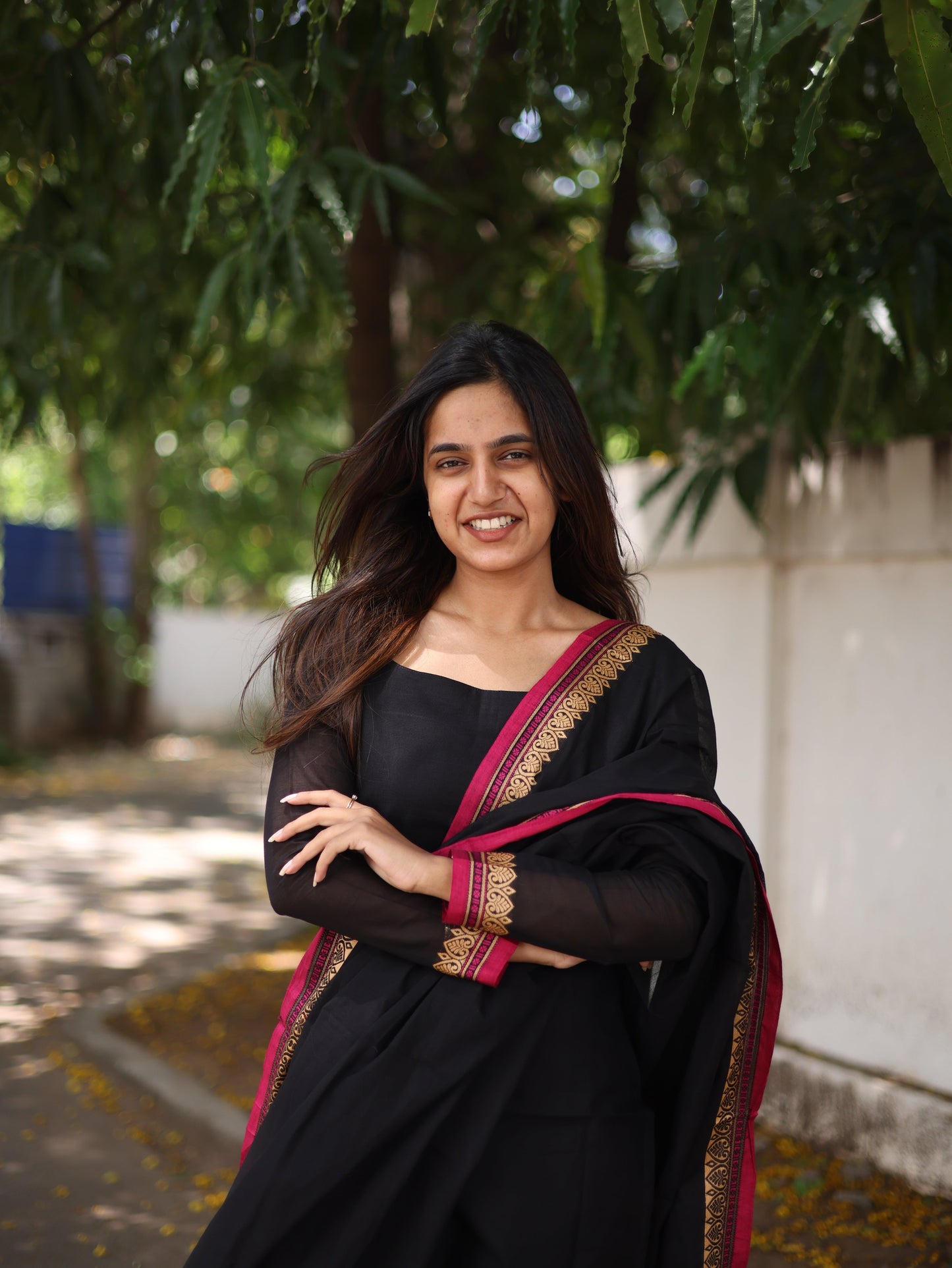 Studio Black with pink border kanchi cotton top and duppata