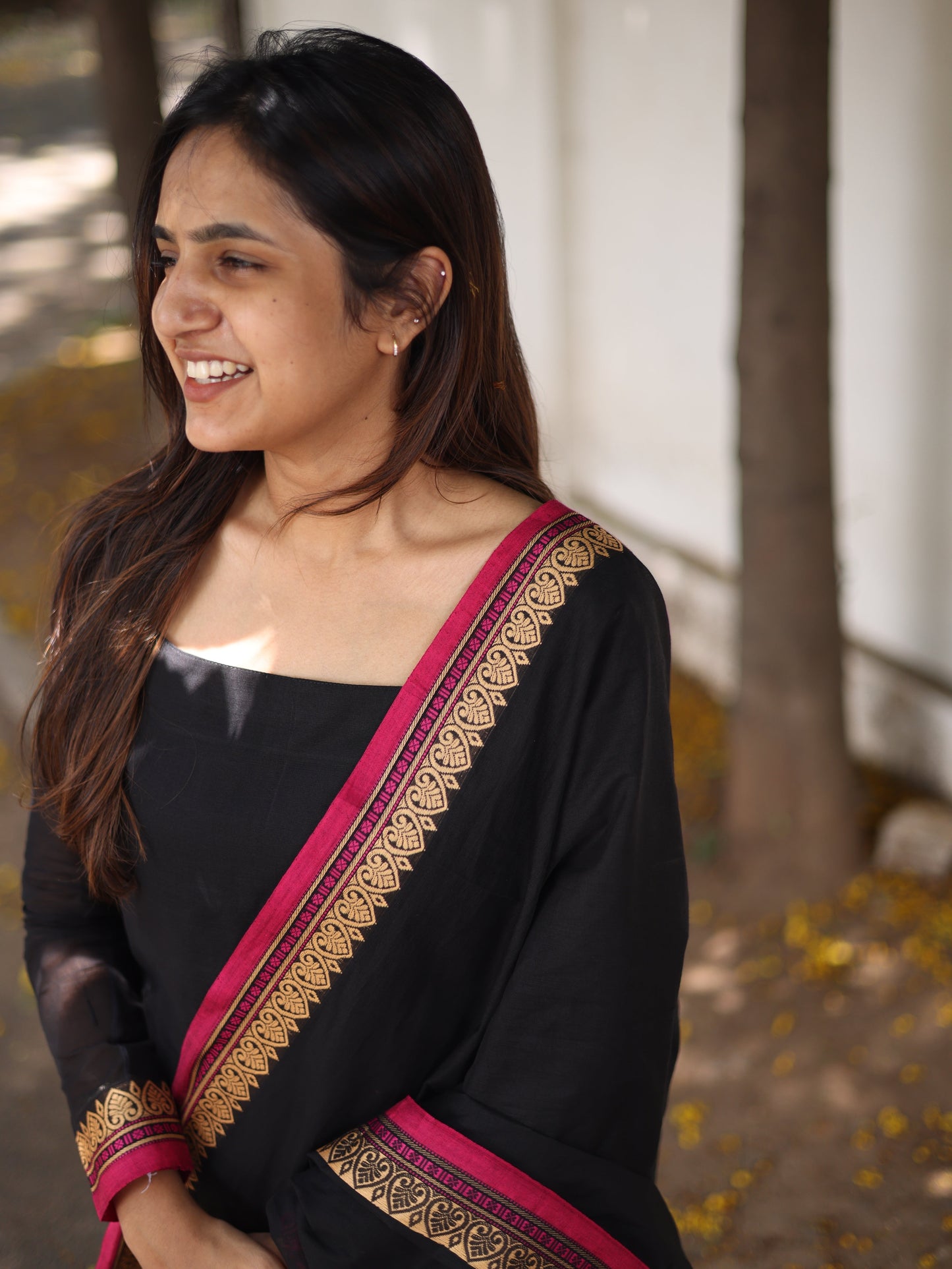 Studio Black with pink border kanchi cotton top and duppata