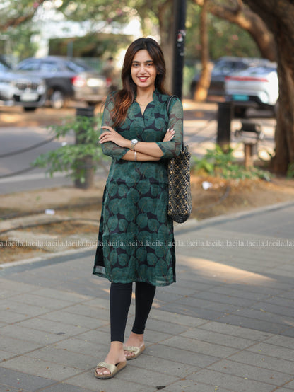 Studio Dark Green Leaf Organza Top
