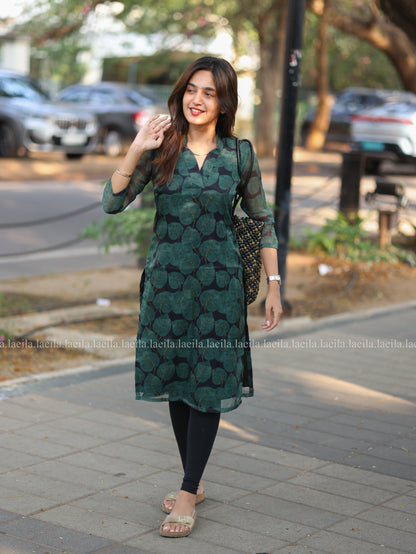 Studio Dark Green Leaf Organza Top