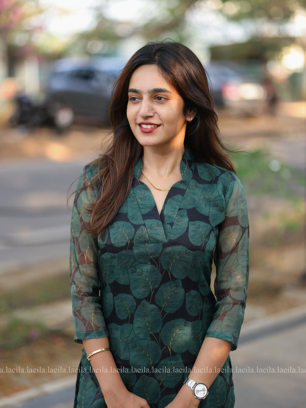 Studio Dark Green Leaf Organza Top
