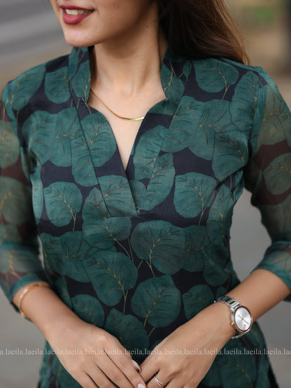Studio Dark Green Leaf Organza Top