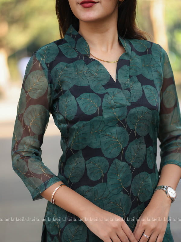 Studio Dark Green Leaf Organza Top