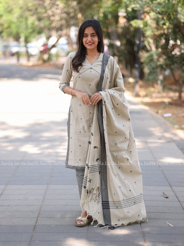 Studio Beige with grey Cotton kadhambari set