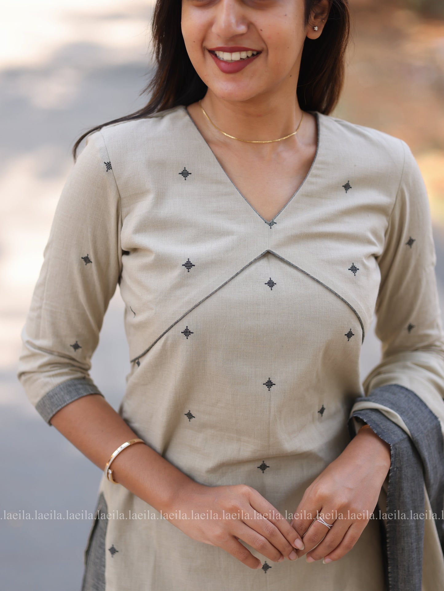 Studio Beige with grey Cotton kadhambari set
