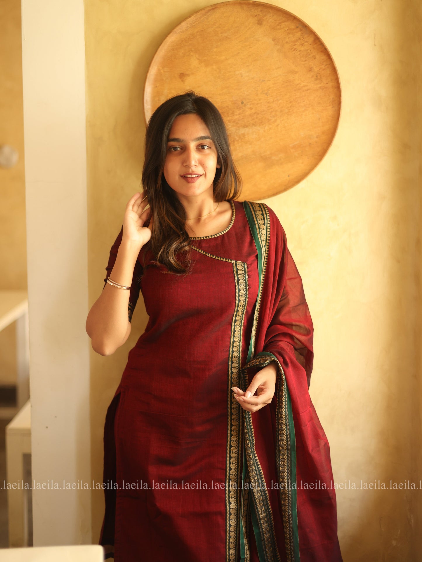 Studio Maroon Malar Narayanpet Cotton Top & Dupatta Set