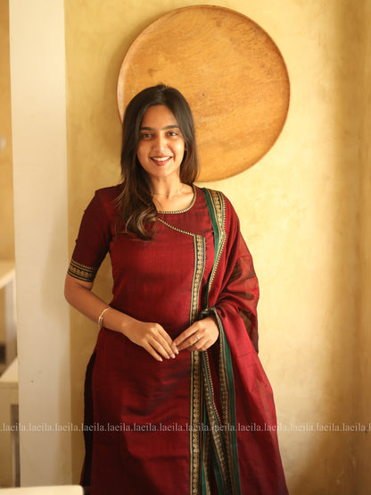 Studio Maroon Malar Narayanpet Cotton Top & Dupatta Set