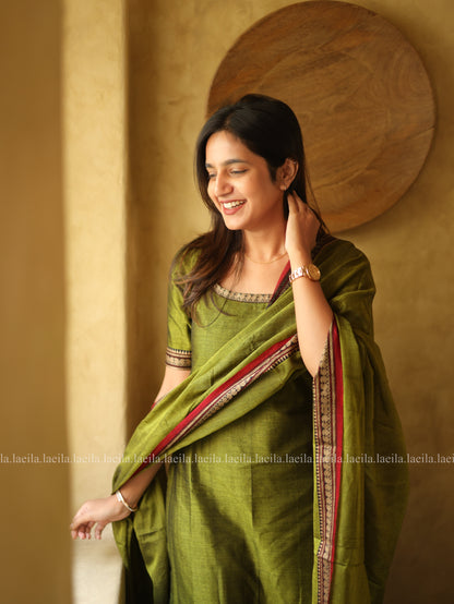 Studio Green with Red Border Malar Narayanpet Cotton Top & Dupatta Set