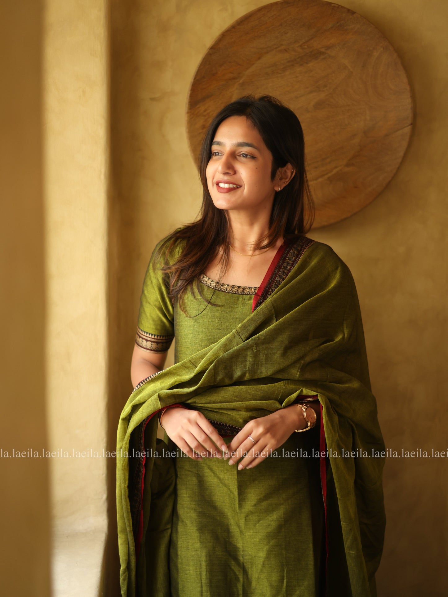 Studio Green with Red Border Malar Narayanpet Cotton Top & Dupatta Set