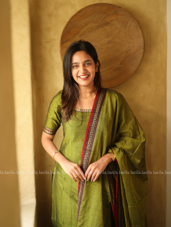 Studio Green with Red Border Malar Narayanpet Cotton Top & Dupatta Set