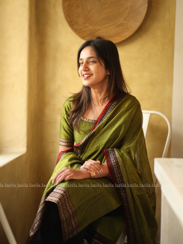 Studio Green with Red Border Malar Narayanpet Cotton Top & Dupatta Set