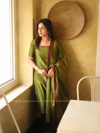 Studio Green with Red Border Malar Narayanpet Cotton Top & Dupatta Set