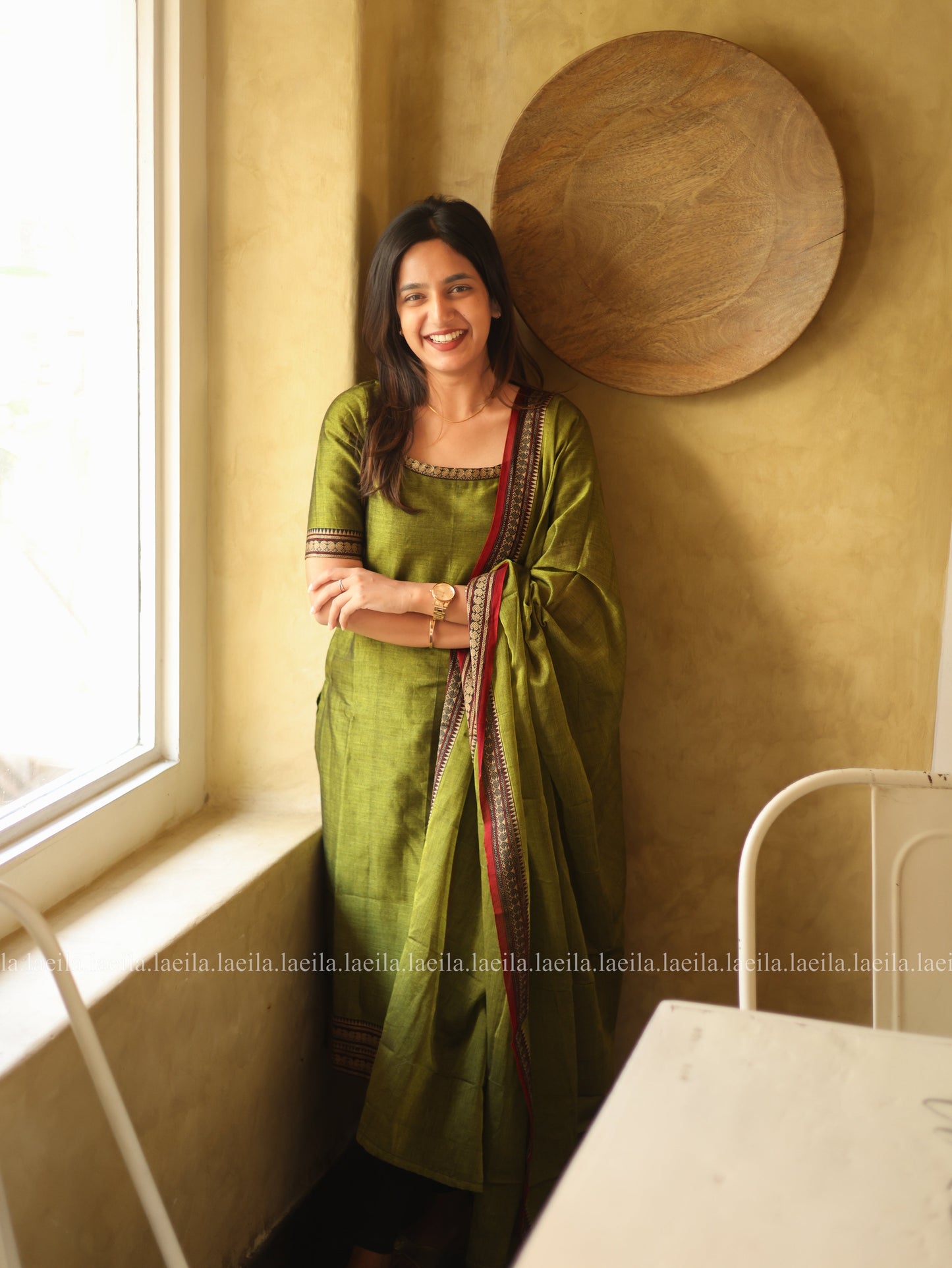 Studio Green with Red Border Malar Narayanpet Cotton Top & Dupatta Set