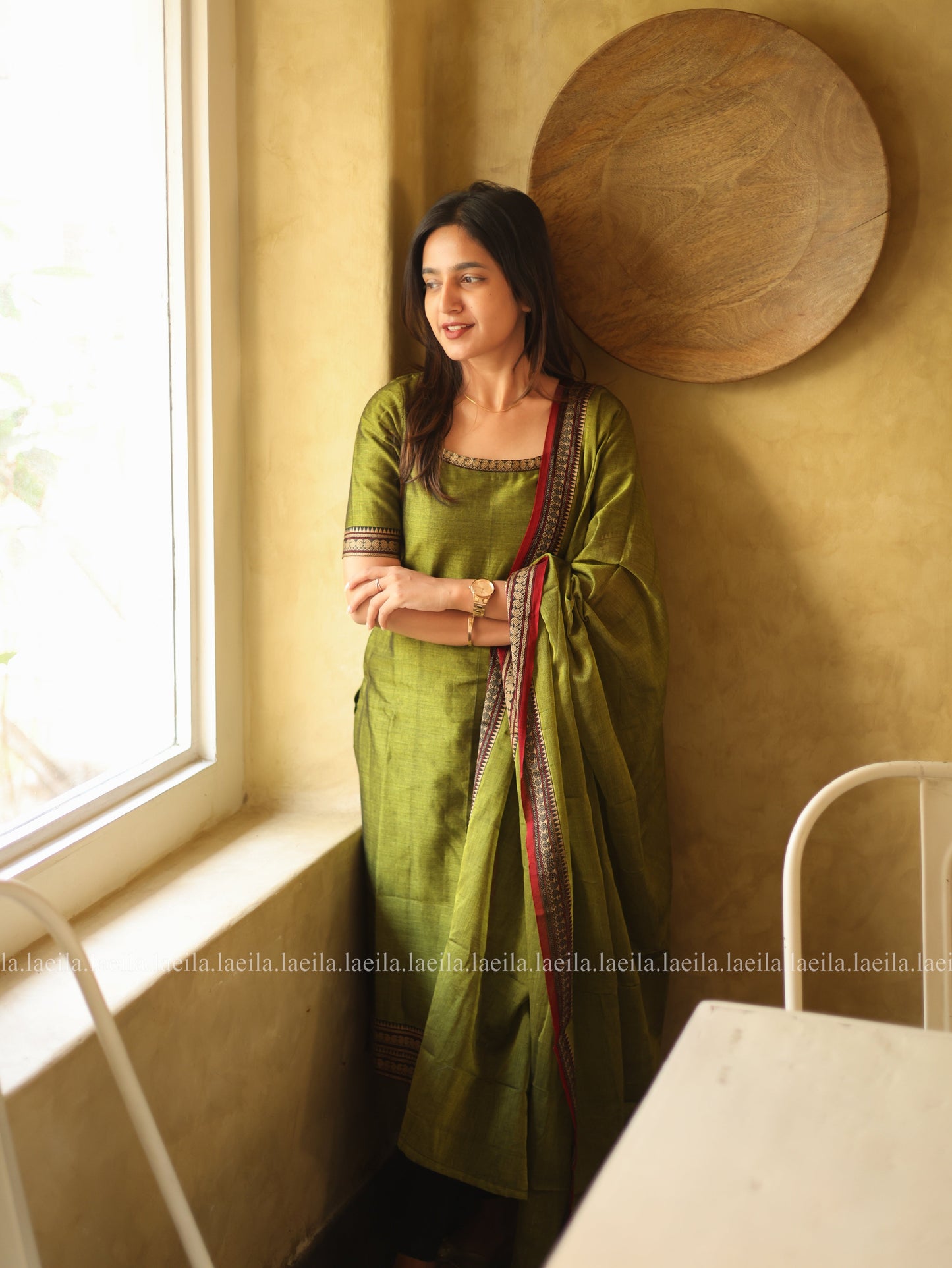 Studio Green with Red Border Malar Narayanpet Cotton Top & Dupatta Set