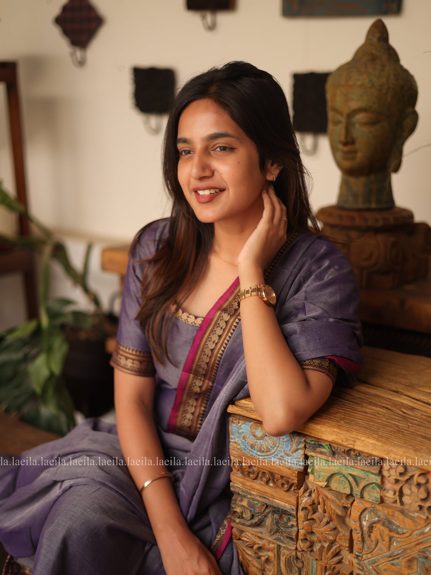 Studio Lavender With Pink Border Malar Narayanpet Cotton Top & Dupatta Set