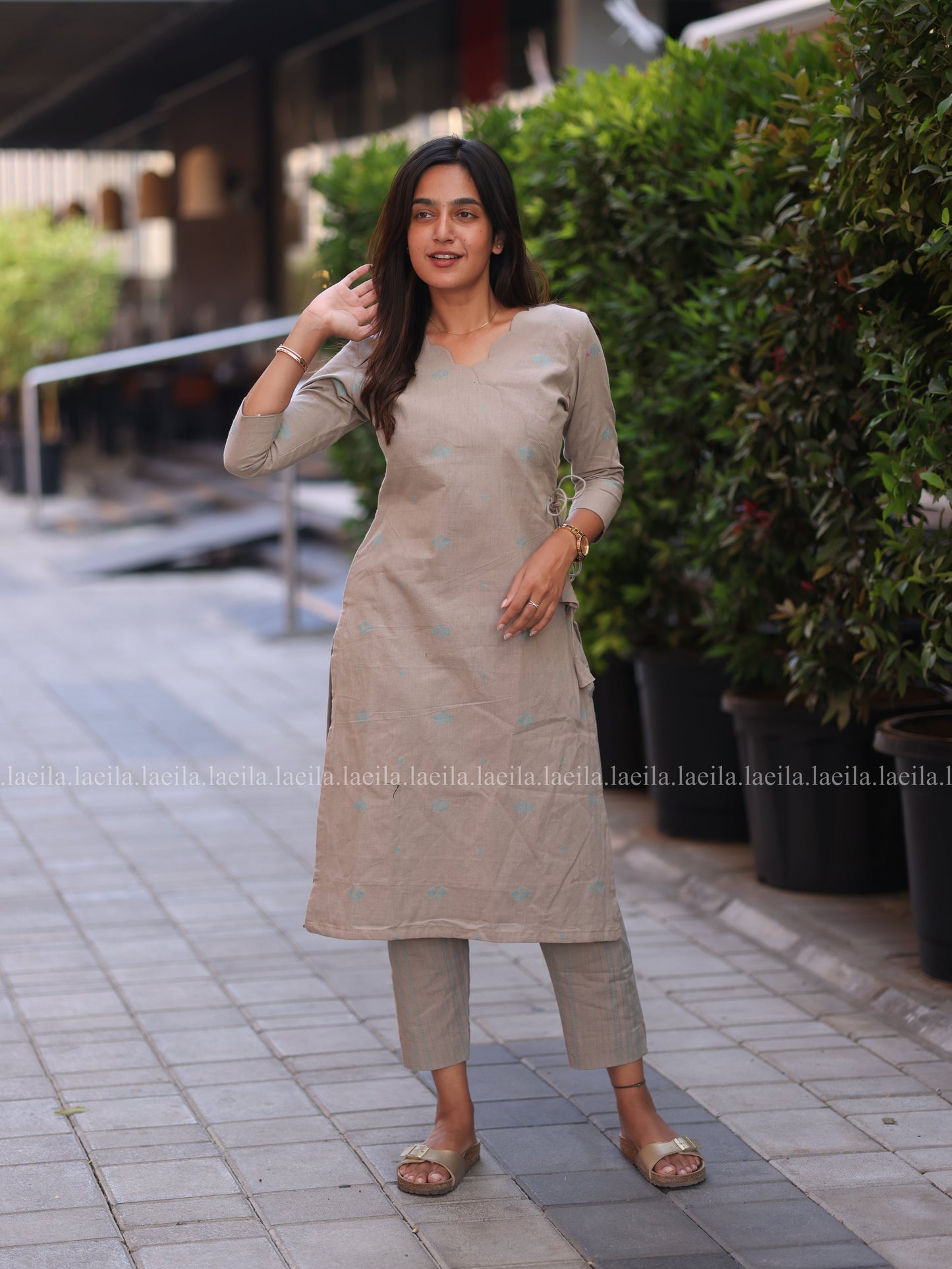 Studio Ecru Beige Scallop Meera Cotton Co-Ord Set