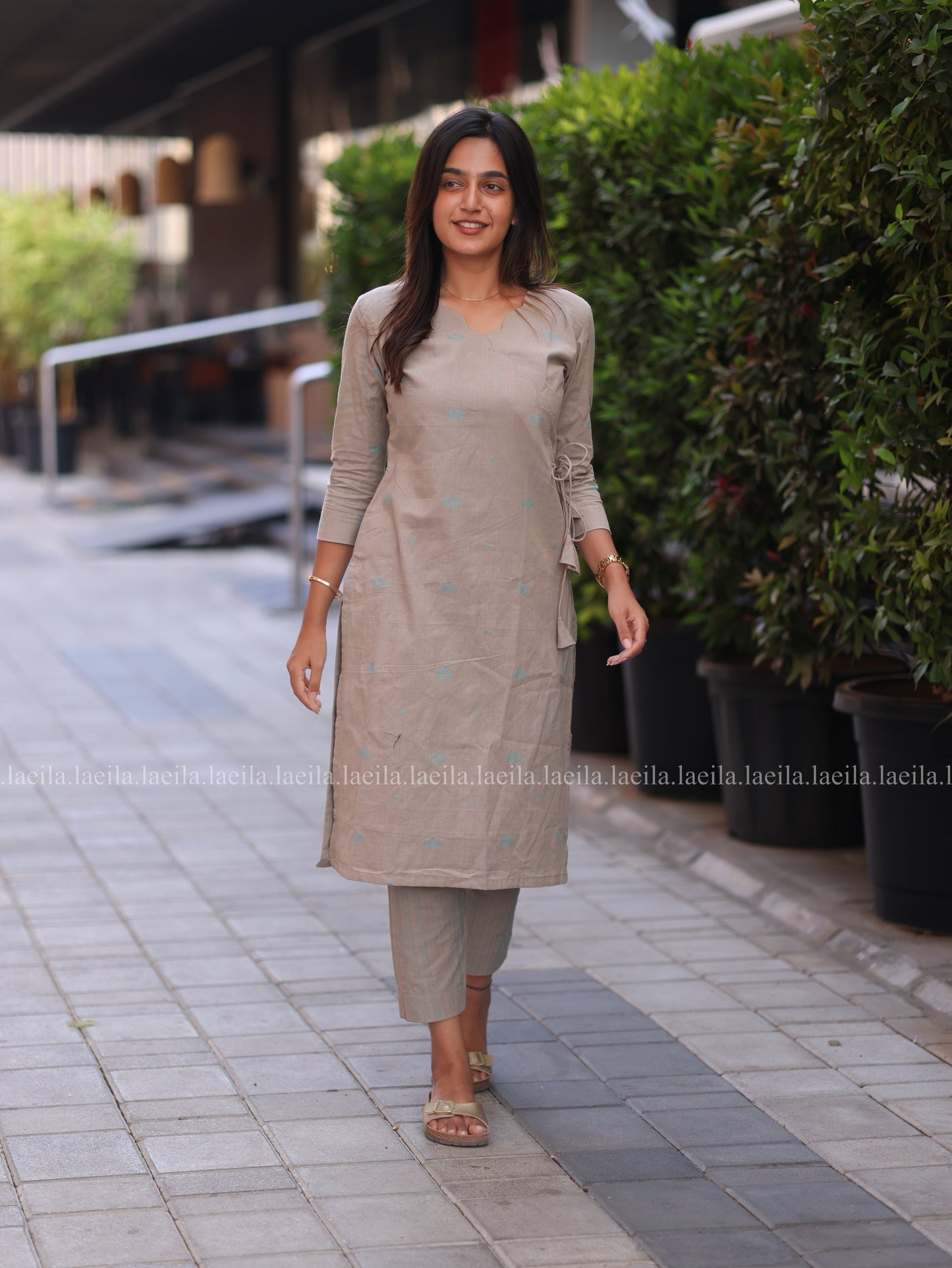 Studio Ecru Beige Scallop Meera Cotton Co-Ord Set