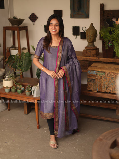 Studio Lavender With Pink Border Malar Narayanpet Cotton Top & Dupatta Set