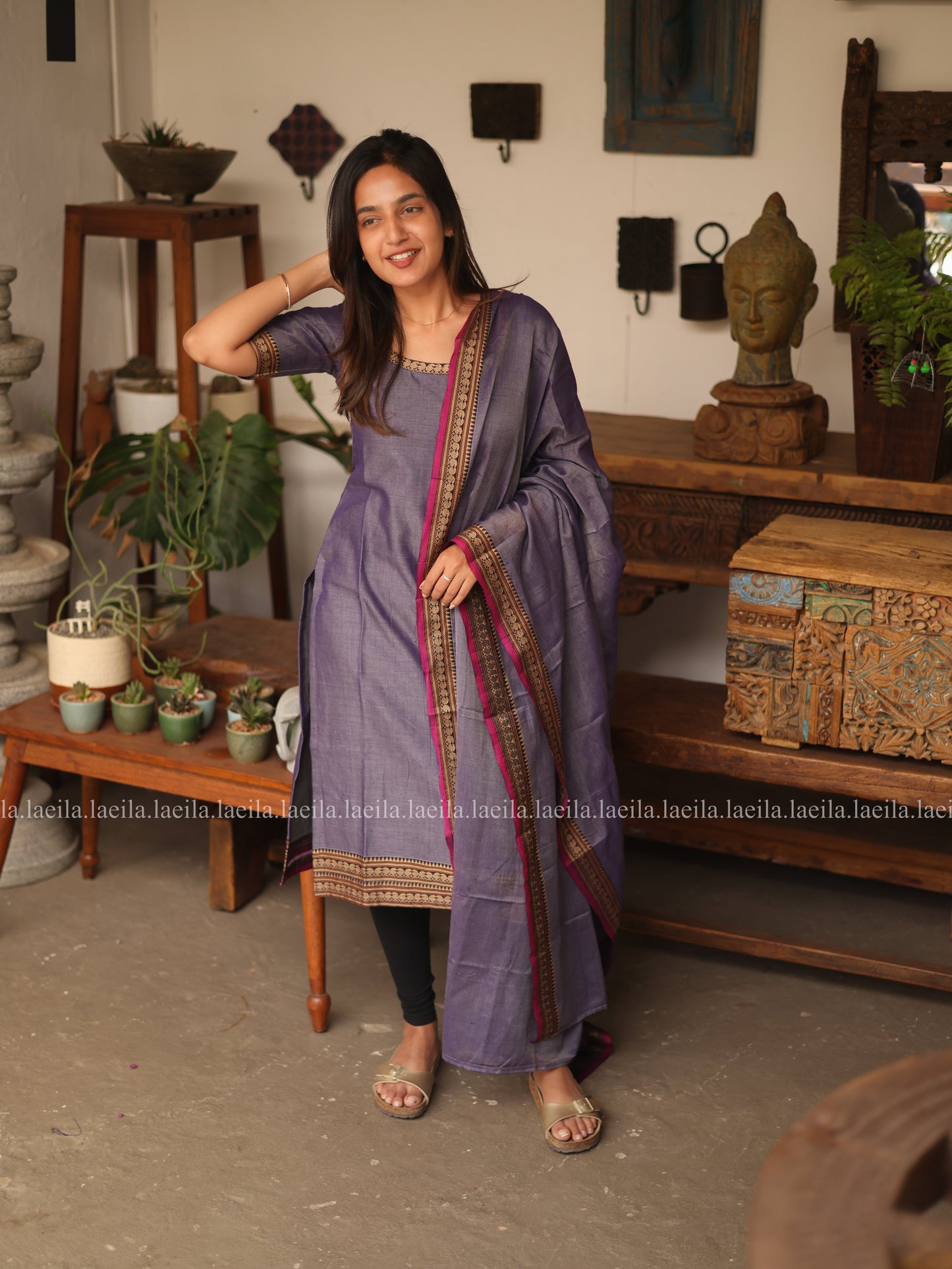 Studio Lavender With Pink Border Malar Narayanpet Cotton Top & Dupatta Set