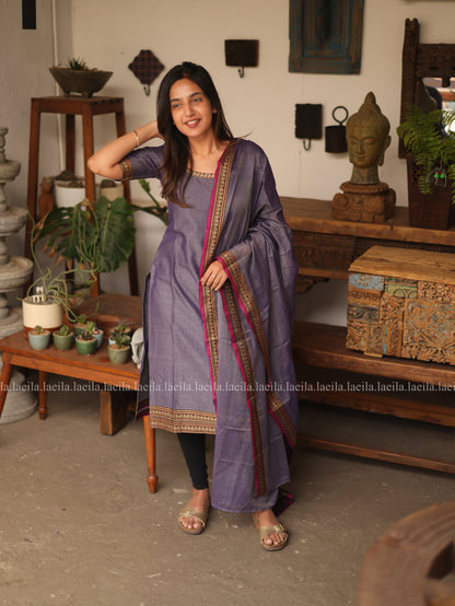 Studio Lavender With Pink Border Malar Narayanpet Cotton Top & Dupatta Set