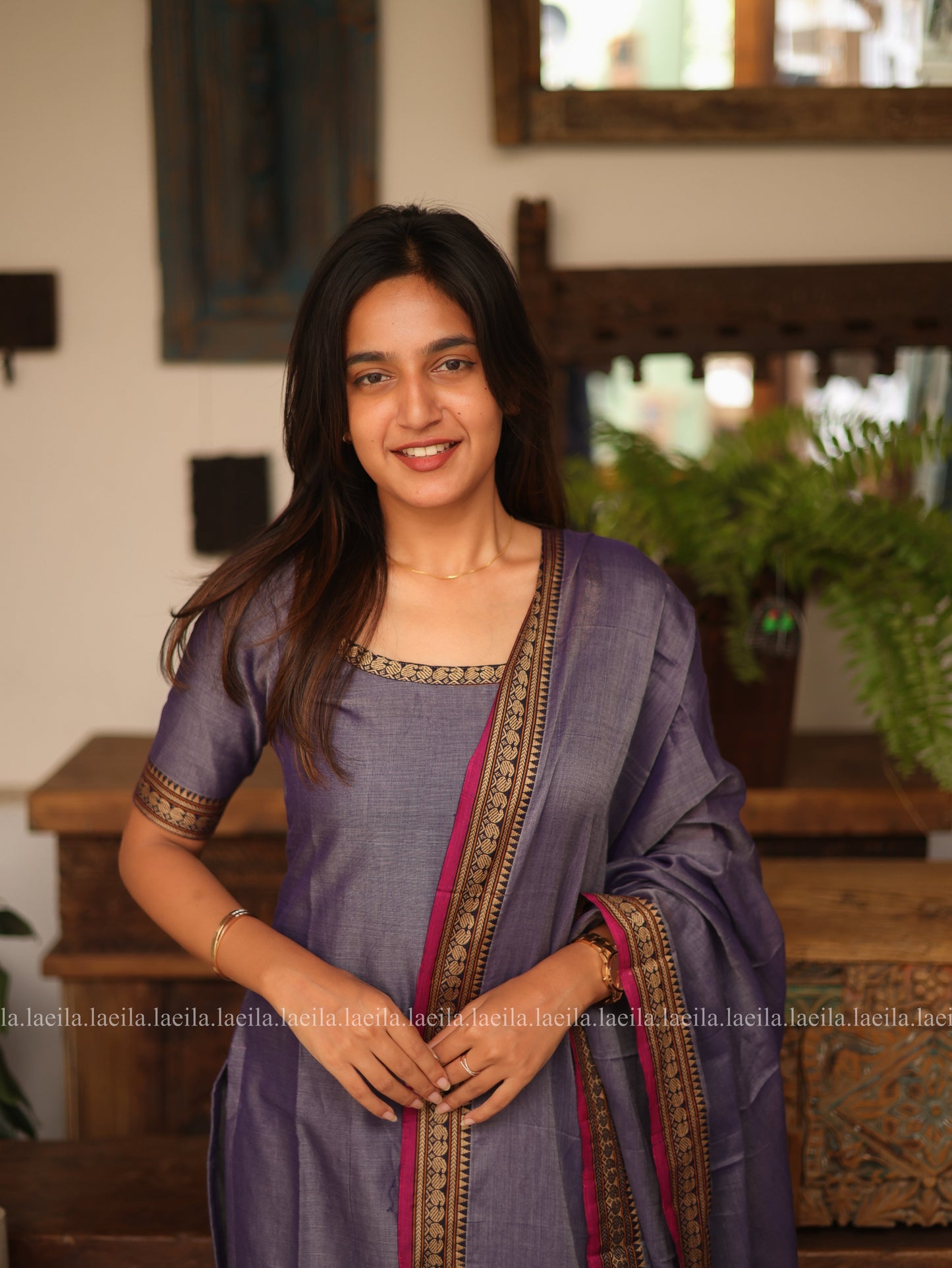 Studio Lavender With Pink Border Malar Narayanpet Cotton Top & Dupatta Set