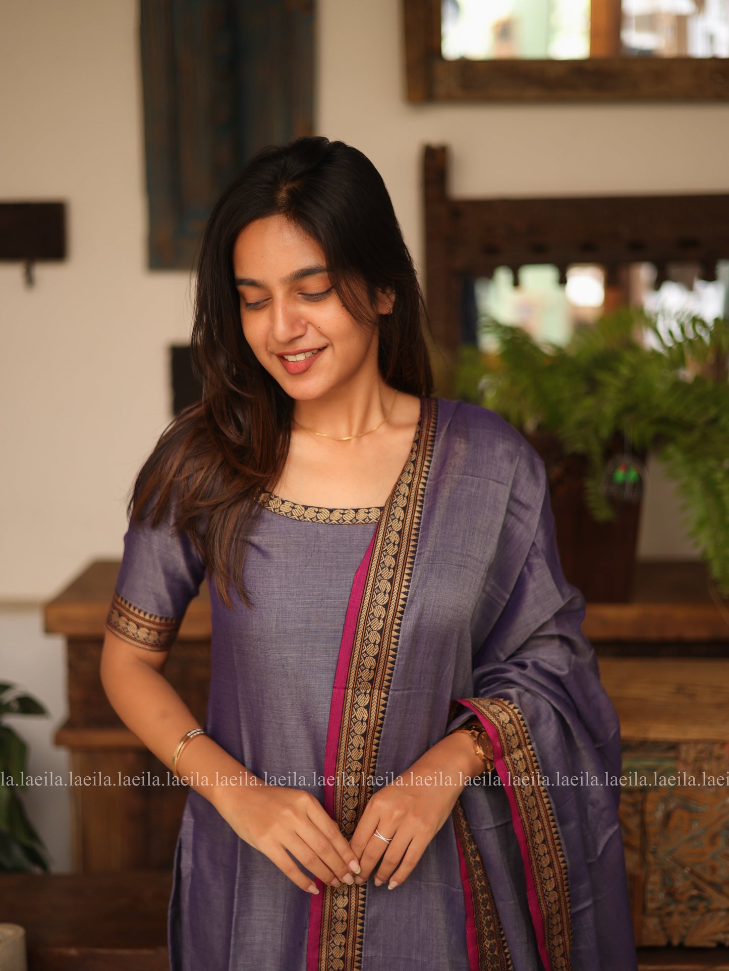 Studio Lavender With Pink Border Malar Narayanpet Cotton Top & Dupatta Set