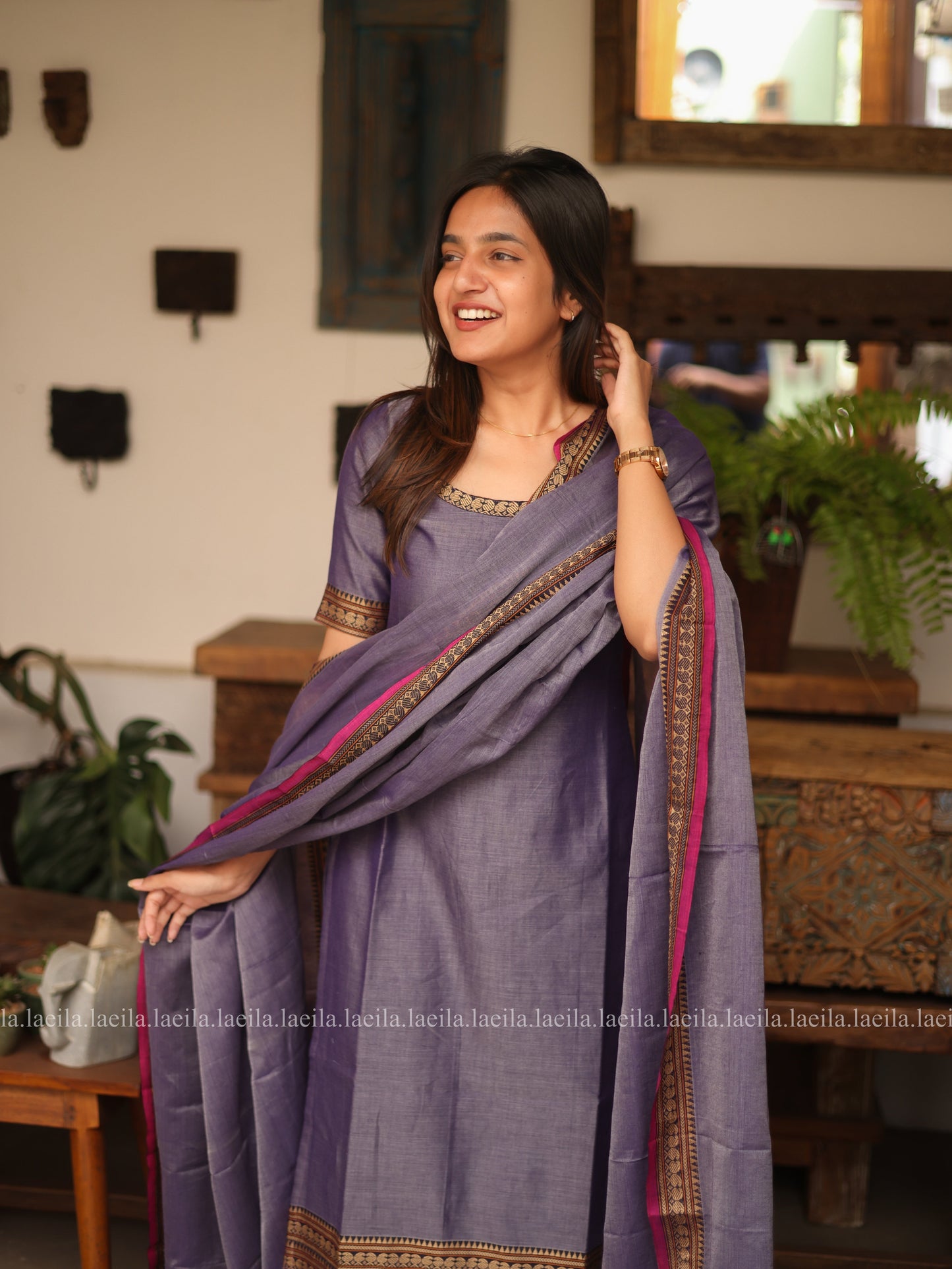 Studio Lavender With Pink Border Malar Narayanpet Cotton Top & Dupatta Set