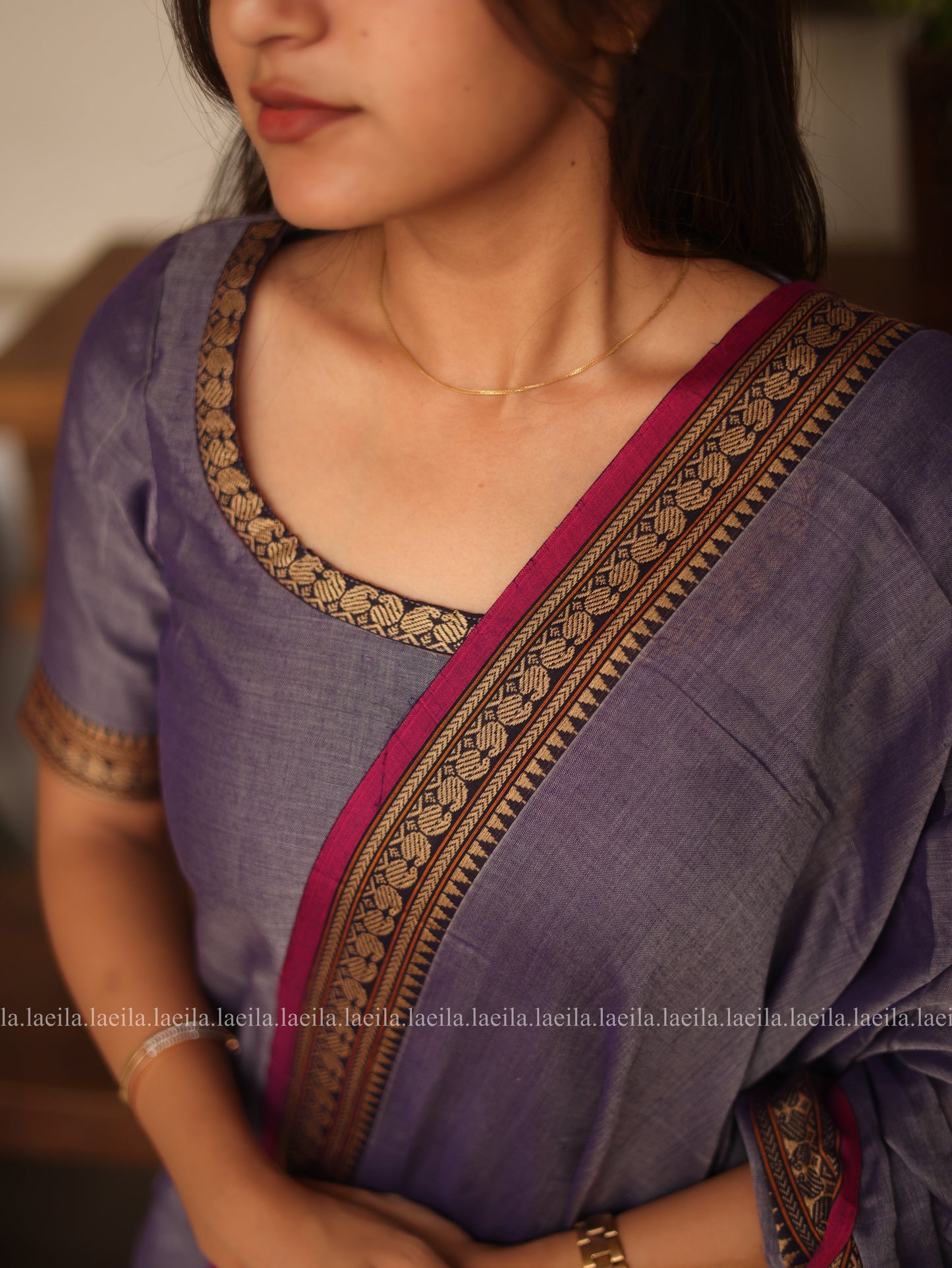 Studio Lavender With Pink Border Malar Narayanpet Cotton Top & Dupatta Set