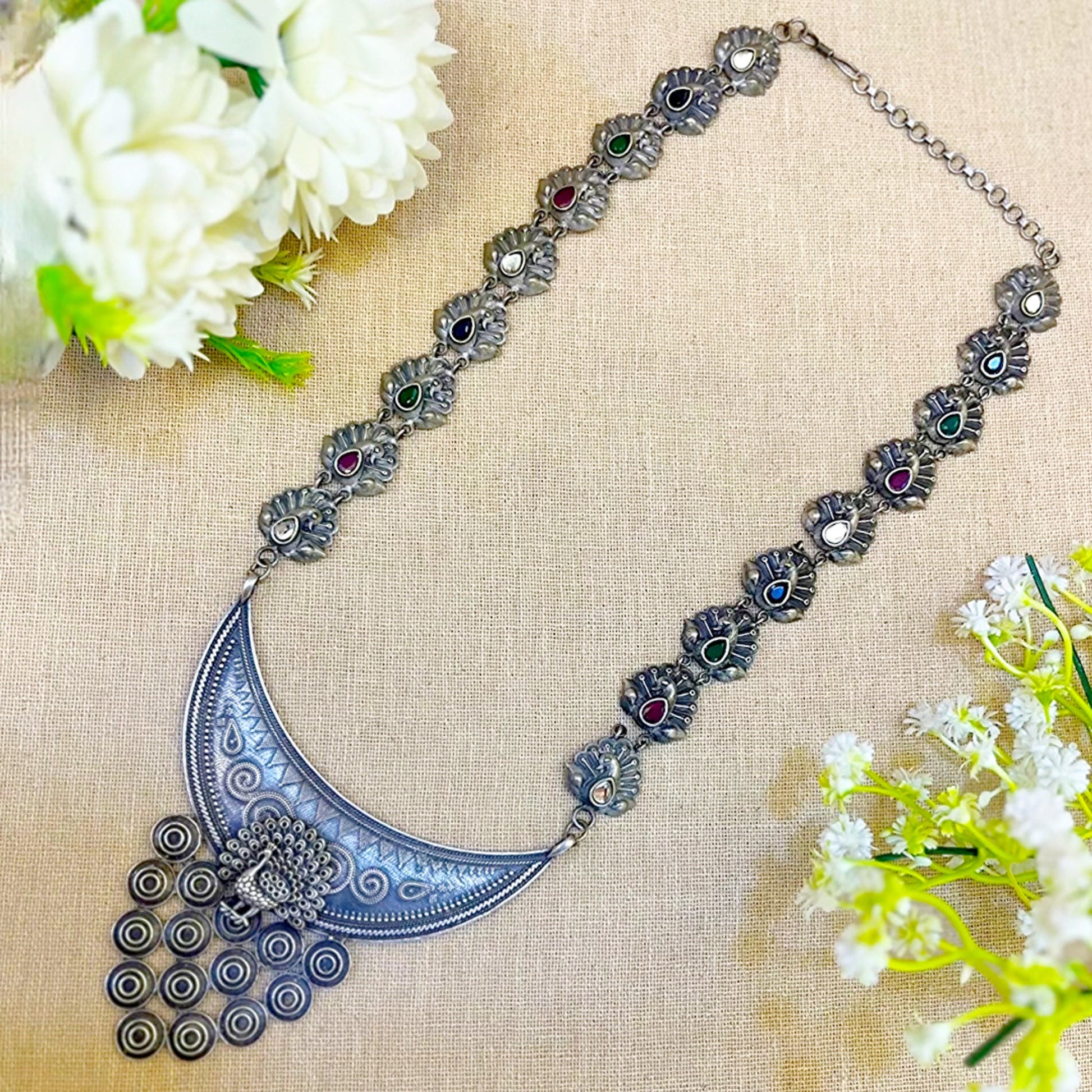 long silver-look alike oxidised necklace with peacock