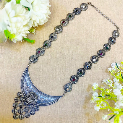 long silver-look alike oxidised necklace with peacock