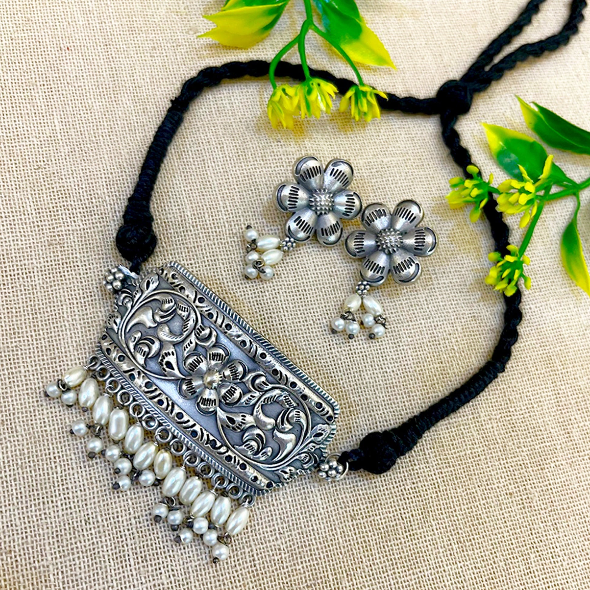 silver look alike oxidized choker with bead embellishments