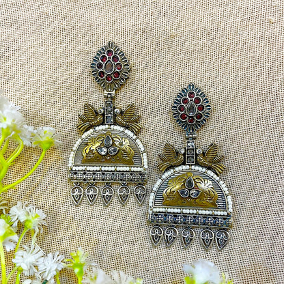 Dual Tone Oxidised Bird Earrings