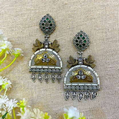 Dual Tone Oxidised Bird Earrings